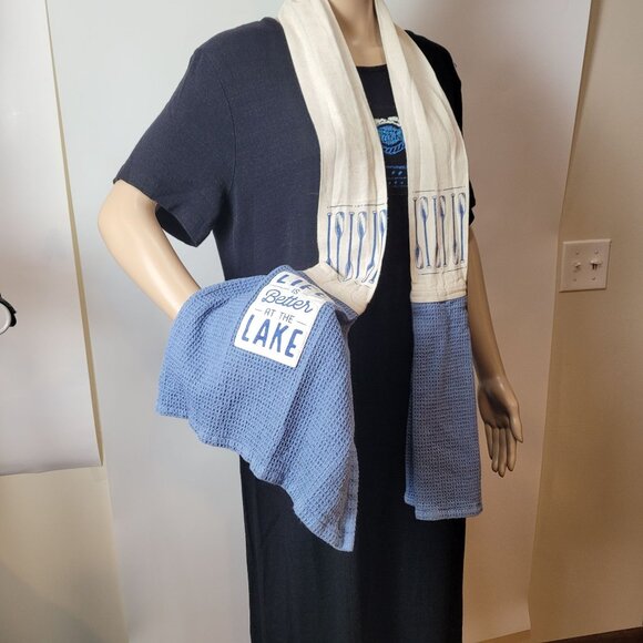 Life Is Better At The Lake Blue & Cream Cotton & Linen Kitchen Towel By DEMDACO - Picture 1 of 8